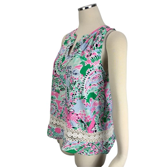 Crown & Ivy PS Top NWT Petite Small Pink Green Pom Crochet Icon Peasant Sleevele - Picture 2 of 7